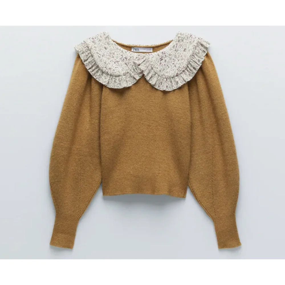 ZARA Tobacco Brown knit sweater with contrasting print ruffle collar Size L - Picture 1 of 12